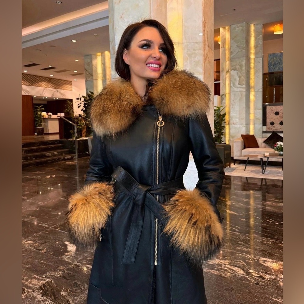 Luxurious Black Real Leather Coat with Raccon Fur details